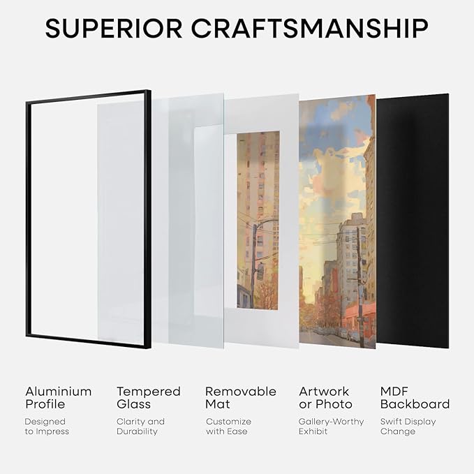 Homeforia 14x14 Picture Frame Black, High End Metal 14 x 14 Square Poster Frames with Mat 12 x 12 Photo, 14x14 Black Frame Matted to 12x12 Print, 14by14 Thin Frames, Tempered Glass, Wall Kit, Set of 3