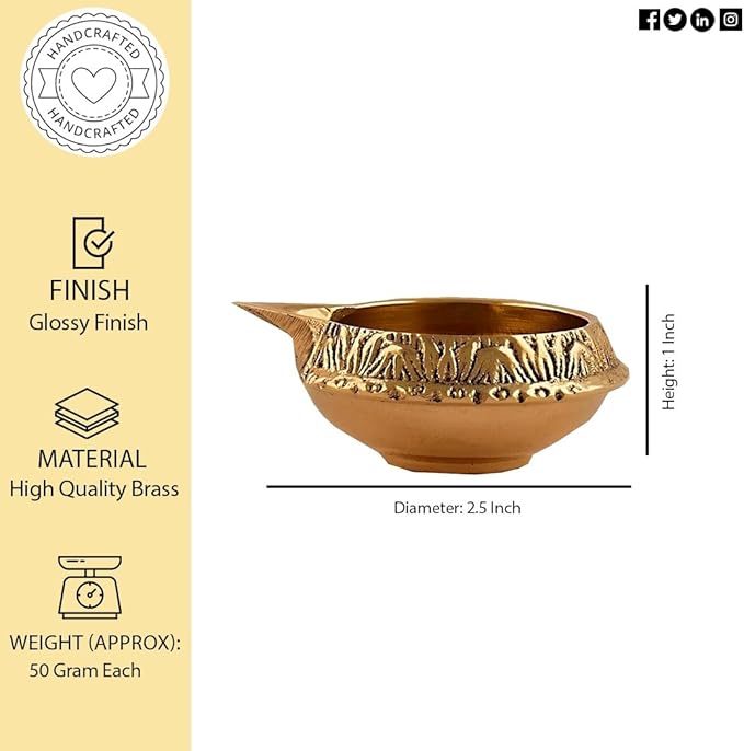 Brass Diya for Pooja Kuber Diya [ Pack of 20 Pc ] - Handmade Brass Indian Puja Oil Lamp - Kutthu vilakku nilakku Deepam for Diwali Decorations - Diwali Gifts Hashcart®