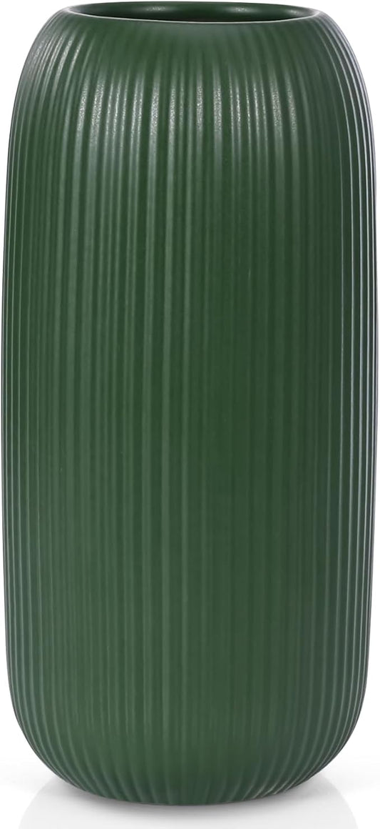 Ceramic Vase for Flowers – Modern Small Ribbed Textured Flower Vase for Home Decor, Pampas Grass, Decorative, Farmhouse, Coffee Table, Kitchen Centerpieces, Bookshelf and Home Living(Green)