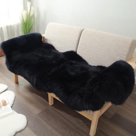 Premium Genuine Fur Sheepskin Rug Real Australia Sheepskin Natural Luxury Fluffy Lambskin Fur Area Rug Seat Covers for Kids Bedroom Sofa Chair Cover (Black, Double Pelt/2ft x 6ft)