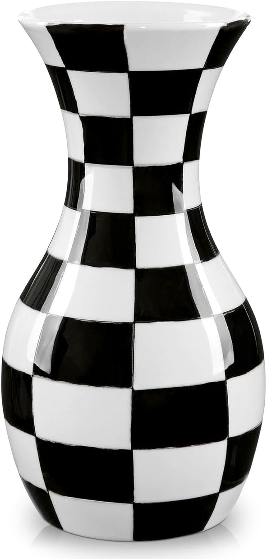 Black and White Ceramic Vase, 11" Tall Black Checkered Vase in Wide Mouth, Large Decorative Flower Vases for Decor Living Room, Table Centerpiece, Dining Room, Entryways, Wedding Decor, Porcelain Vase