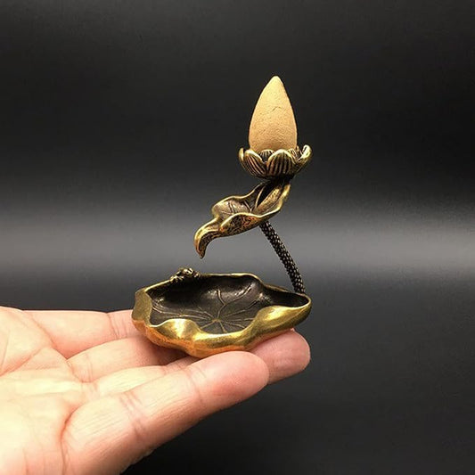 OwMell Lotus Backflow Incense Holder, Vintage Brass Lotus Waterfall Incense Burner, Aromatherapy Ornament Home Decor - Frog