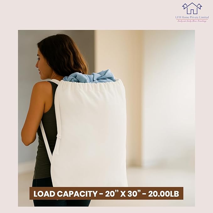 LFH Home Cotton Canvas Large Laundry Bag with Handle, Heavy Duty Drawstring Closure Washable Laundry Bags, School Travel, Home, Hotel, College Dorm, Organizer Sack, Toy Clothes 28x40 (Pack of 6)-White