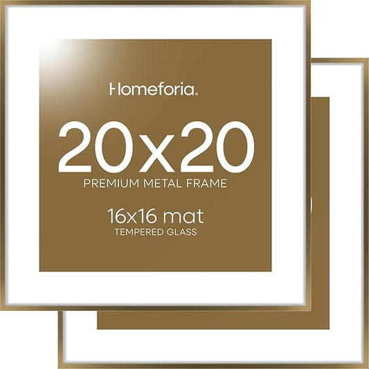Homeforia 20x20 Picture Bronze Frames, High End Metal 20 x 20 Square Poster Frame with Mat 16 x 16 Photo, 20x20 Brass Frame Matted to 16x16 Print, 20by20 Thin Frames, Tempered Glass, Wall Kit, Set of 2
