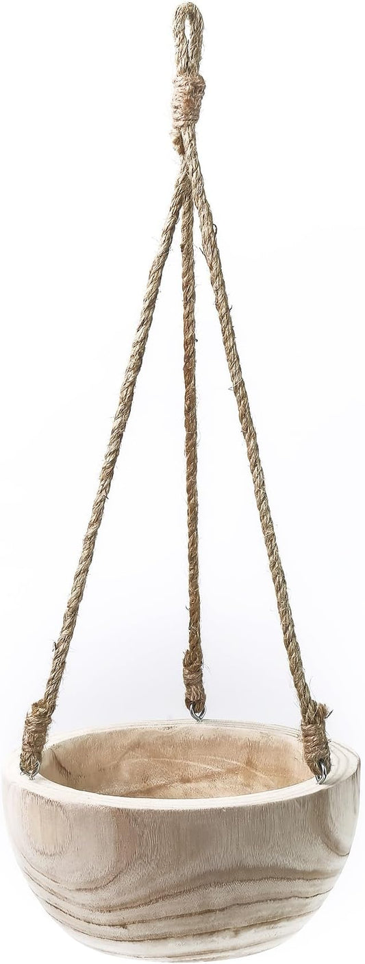 CYS EXCEL Meduim Wooden Hanging Planter Paulownia Wood Bowl Basket with Jute Rope for Indoor Plants Succulents