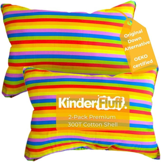 kinder Fluff Children Pillow (2Pk) 14x20in – Junior Pillows for Kids Age 4+, Bright Rainbow Design, 100% Cotton Sateen Stripe 300T, Down Alternative Fill, Machine Washable, Colourful Kids Cushion - M