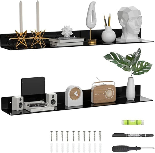 Sezanrpt 36 Inches Acrylic Long Wall Shelf Set of 2, Black Wall Mounted Acrylic Bathroom Storage Shelves Display Organizer, Floating Shelf for Bottle Oragnizer, Spice, Wine, Toys, Controller, Cup