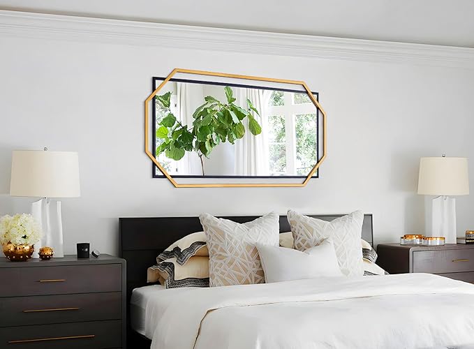 60"x30.5" Black and Gold Large Mirror for Bedroom Wall, Extra Bathroom Rectangular Mirror with Decorative Metal Octagonal Frame, for Entryway,Living Room, Dining Room