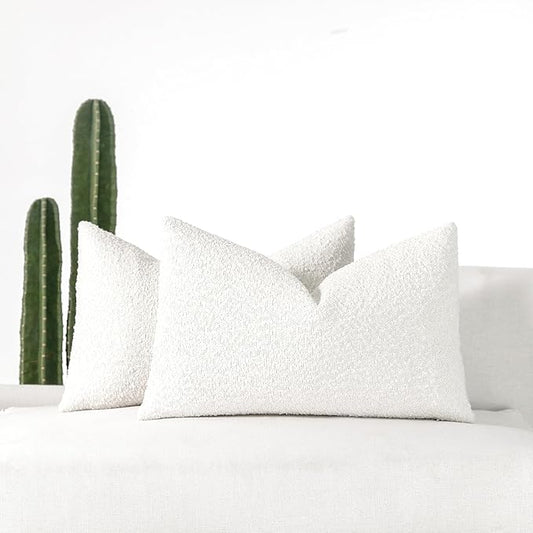 Boucle Decorative Lumbar Pillow Covers for Couch Set of 2, 12x20 inches, White
