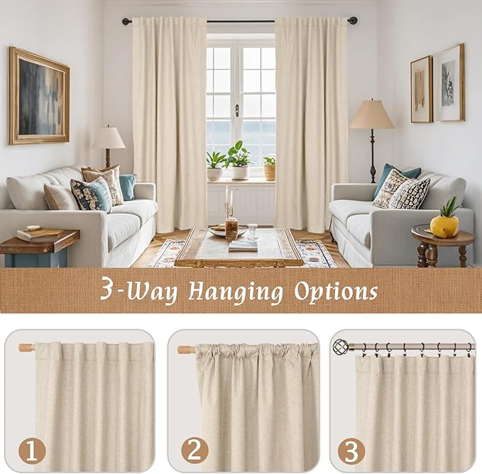 LAMIT 100% Blackout Natural Linen Curtains, 72 Inches Linen Textured Thermal Bedroom Curtains Back Tab and Rod Pocket Neutral Panels with White Liner for Farmhouse, 2 Panels, 52 x 72 Inch
