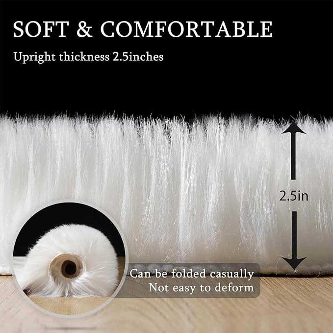 Faux Fur Small Rug 2 x 3 ft White Shaggy Sheepskin Machine Washable Fuzzy Area Rug Super Soft Fluffy Plush Carpet for Bedroom Living Room Floor Nursery Kids Room Bedside Rug