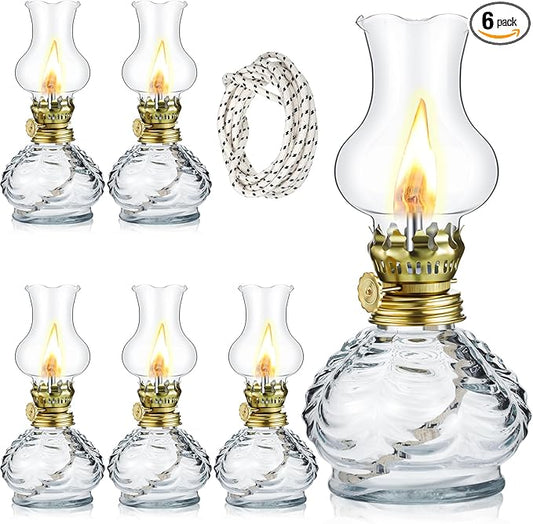 Yexiya 6 Set Vintage Glass Kerosene Lamp Rustic Oil Lamp Lantern Chamber Oil Clear Kerosene Hurricane with 6.6 ft Extra Wick for Indoor Use Lighting Decor Emergency (Pineapple Style)