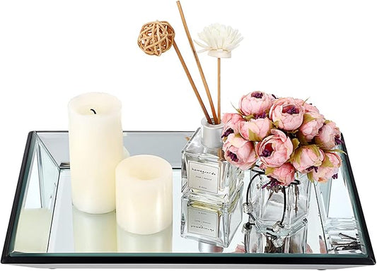 Hipiwe Glass Mirror Makeup Vanity Tray Black Rectangle Perfume Jewelry Trinket Organizer Coffee Table Centrepiece Decorative Dresser Bathroom Storage, 11.9x7.9 inch