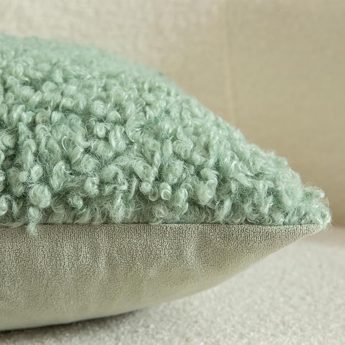 Yaertun Pack of 2 Faux Fur Throw Pillow Covers Decorative Sherpa Boucle Pillow Covers Fuzzy Soft Pillowcases Sheepskin Fleece Cushion Case for Couch Sofa Bed Living Room 20x20 Inch Sage Green