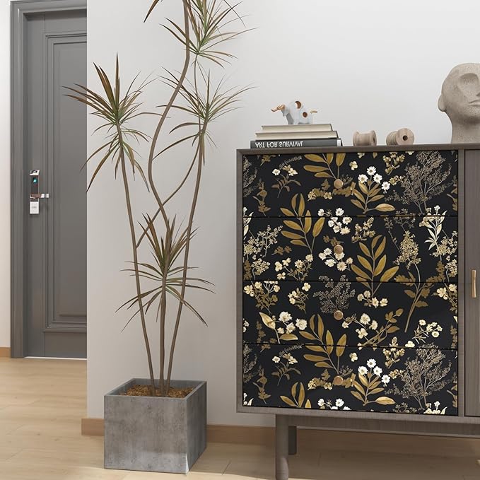 Vintage Wallpaper Peel and Stick Black Floral Wallpaper 17.5'' x 393'' Gold Leaf Contact Paper Vinyl Waterproof Self Adhesive Boho Botanical Wall Paper for Bedroom Shlef Cabinet Décor