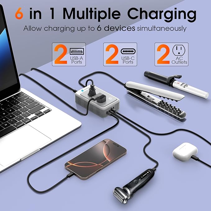 220V to 110V Voltage Converter US to Europe for Curling Iron and Hair Straighteners, Power Converter for European Travel Plug Adapter with 2 USB A & 2 USB C Ports (Type A/C/G/I-Global)