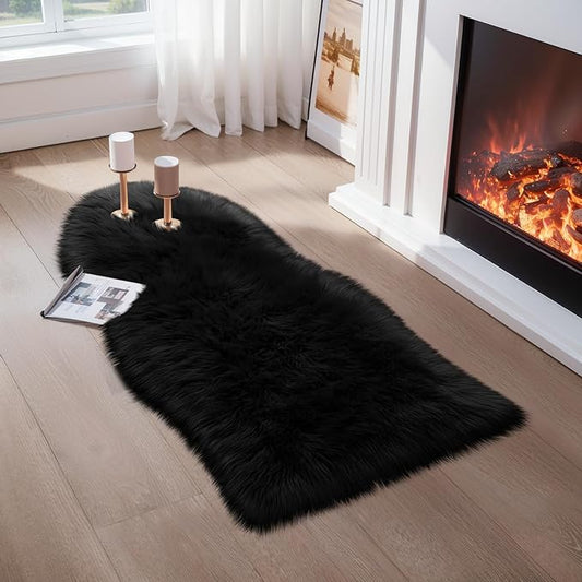 Ciicool Ultra Soft Faux Sheepskin Fur Rug Fluffy Chair Rug for Sofa Couch Seat Cushion.Shaggy Furry Small 2x4 Black Bedroom Fuzzy Carpet for Living Room Kid's Room Nursery Decor