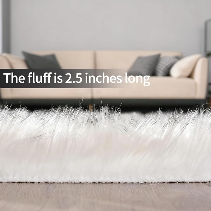 Faux Fur Sheepskin Area Rug for Living Room Bedroom, White with Grey Tips, 6 x 6 Feet Ultra Soft Shaggy Fuzzy Furry Carpet Chair Throw Large Rugs for Kids, Girls, Nursery Room Decor Dorms