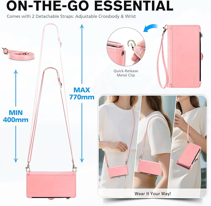 TUCCH Detachable Crossbody Wallet Case for iPhone 17 Pro Max 6.9", 10 Card Slots RFID Blocking | Stand | Lanyard Wrist Strap | Wireless Charging | Zipper Pocket | PU Leather Magnetic Cover | Rose Gold