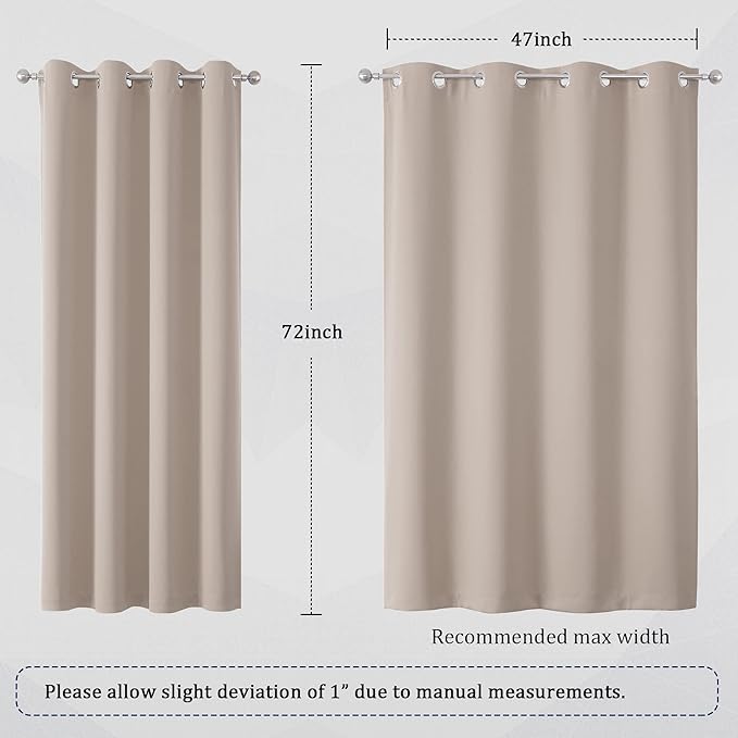 DUALIFE Light Brown Blackout Curtains 72 Inches Long - Thermal Insulated Room Darkening Curtains for Bedroom 52 x 72 Inch, Grommet Top, 2 Panels, Warm Taupe