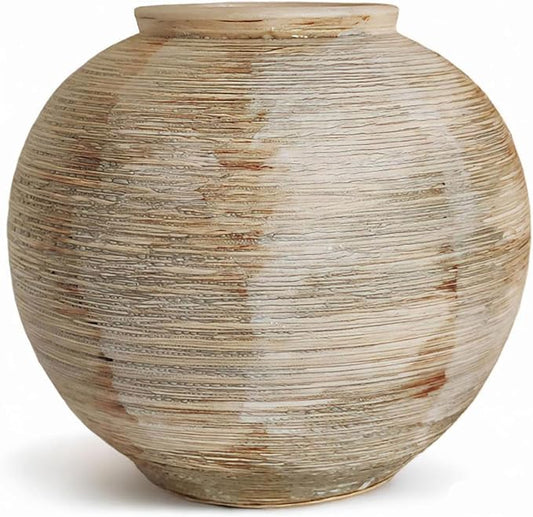 Rustic Ribbed Vase Home Decor - 6.3 in Ceramic Vintage Farmhouse Vases for Decor, Decorative Terracotta Round Bowl vase for Living Room, Table, Shelf, Kichen Decor