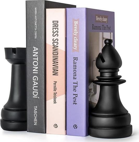 Chess Book Ends for Shelves – Elegant Decorative Bookends for Heavy Books, Office & Living Room Decor – Modern Shelf Organizer and Gift for Book Lovers by ROOKMATE (Matte Black, Opera Mate)