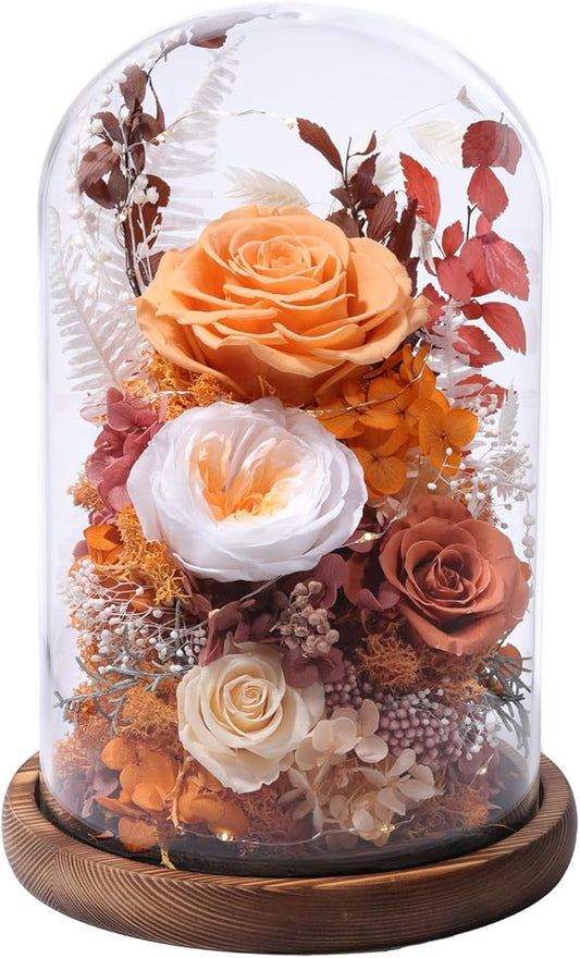 Flowers for Delivery Prime Preserved Flowers Rose in Glass Dome,Orange Rose Forever Flowers Birthday Gifts for Women Mom Grandma Friend Thanksgiving Gifts for Her,Home Decor