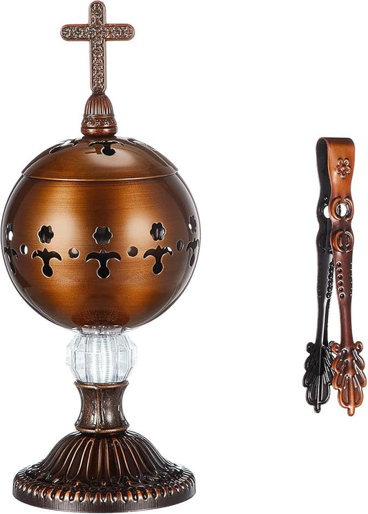 Zonon Catholic Incense Burner with Tong Charcoal Polished Metal Brass Censer Holder Christian Church Censer Burner Holder Cones Cross 7. 9 Aromatherapy Fragrance Ornament (Red Copper)