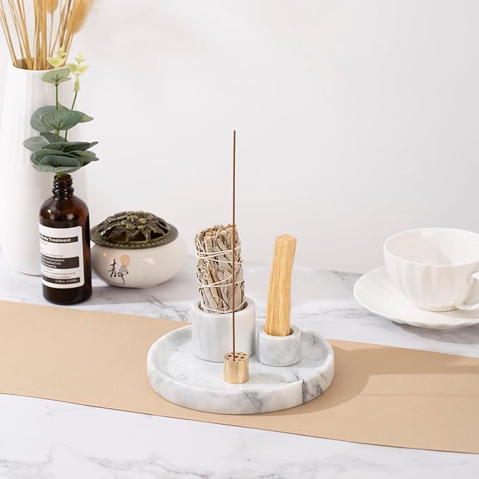 4 in 1 Marble Incense Holder, Natural Marble Incense Burner for Meditation, 9 Incense Holes Suitable for Most Incense Types (White)