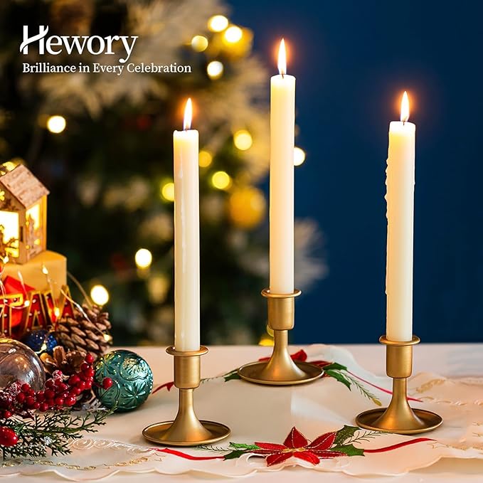 Gold Taper Candle Holder Set of 6, Hewory Short Skinny Brass Candlestick Holders, Vintage Small Low Metal Candles Sticks for Wedding Centerpieces Christmas Birthday Party Holiday Dinning Table Decor