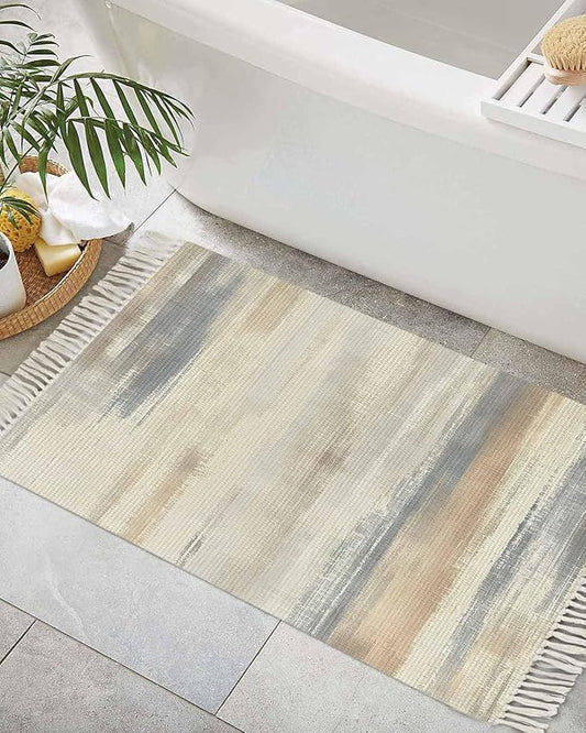 Beige Gray Brown Entryway Rug 2X3 Ft Bathroom Mat, Washable Woven Abstract Ombre Art Throw Carpet with Tassel, Non-Shedding Vintage Minimalist Gradient Aesthetic Indoor Outdoor Kitchen Doormats