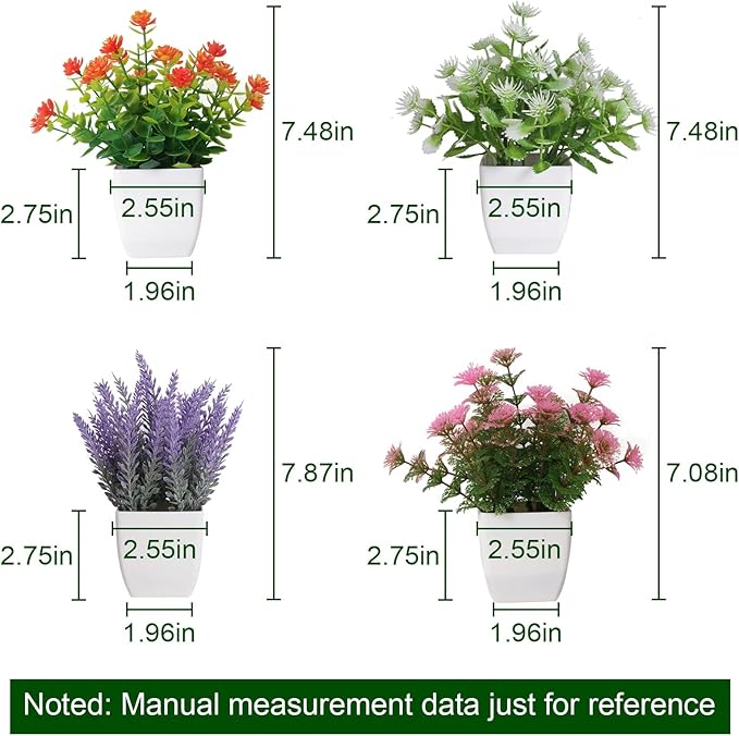 Artificial Potted Flowers 4pcs Fake Small Plant in Pot Mini Faux Plant Door House Office Tabletop Kitchen Colorful Greenery Decor
