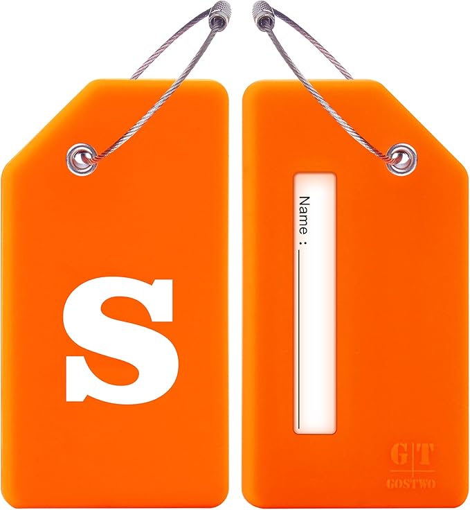 Gostwo 2 Pack Silicone Luggage Tags for Suitcases, 26 Initial Letter Baggage Labels Handbag School Bag Suitcase Instrument Tag with Stainless Steel Loop(Orange)(Letter S)