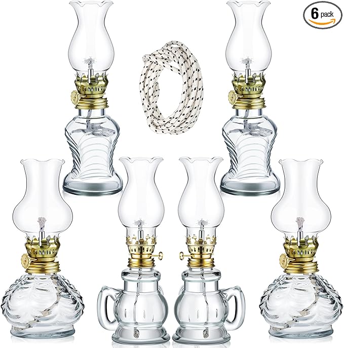 Yexiya 6 Pcs Chamber Oil Lamps Oil Lamp Vintage Glass Kerosene Lamp Bulk with Adjustable Fire Wick Rustic Clear Hurricane with 6.6 ft Extra Wick for Indoor Use Home Decor 8 Inch (Simple)
