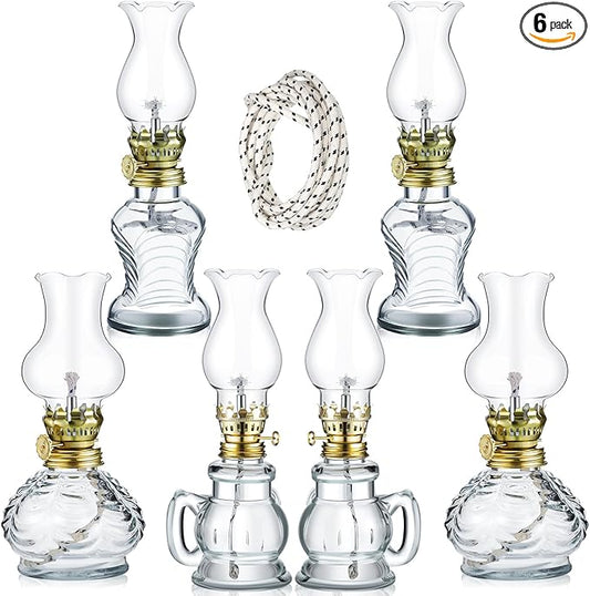 Yexiya 6 Pcs Chamber Oil Lamps Oil Lamp Vintage Glass Kerosene Lamp Bulk with Adjustable Fire Wick Rustic Clear Hurricane with 6.6 ft Extra Wick for Indoor Use Home Decor 8 Inch (Simple)