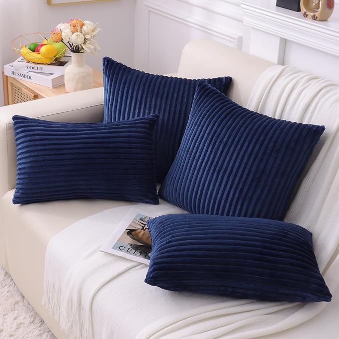 Simmore Decorative Spring Euro Sham Throw Pillow Covers 22x22 Set of 2, Soft Natural Plush Flannel Double-Sided Fluffy Couch Pillow Covers for Sofa Living Room, Navy Blue