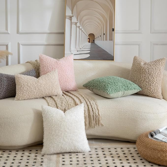 Yaertun Pack of 2 Faux Fur Throw Pillow Covers Decorative Sherpa Boucle Pillow Covers Fuzzy Soft Pillowcases Sheepskin Fleece Cushion Case for Couch Sofa Bed Living Room 26x26 Inch Cream White