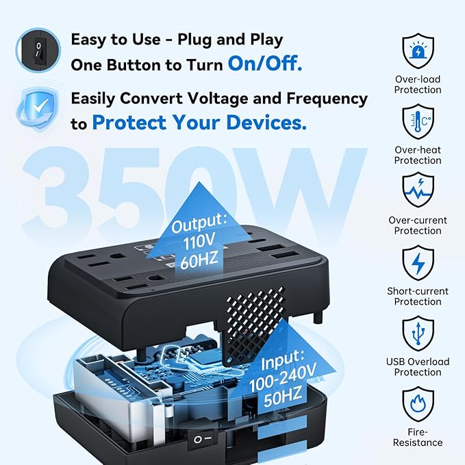 DOACE Voltage Converter US to Europe 350W Convert 220V to 110V for Curling Iron Straightener Shaver, Cordless Converter for European Travel with 2 USB A & 2 USB C Ports Charging, Black