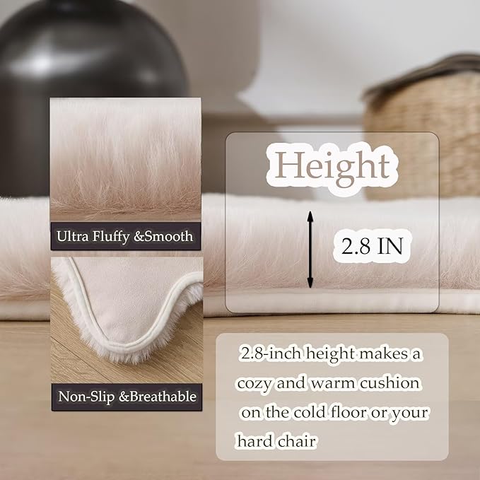 1700GSM Fuzzy Faux Sheepskin Fur Area Rug,Extra Soft Faux Fur Mat,Fluffy Shaggy Fur Rug for Bedroom Living Bedside Rug Room Decor-Ivory White, 2 x 3 ft