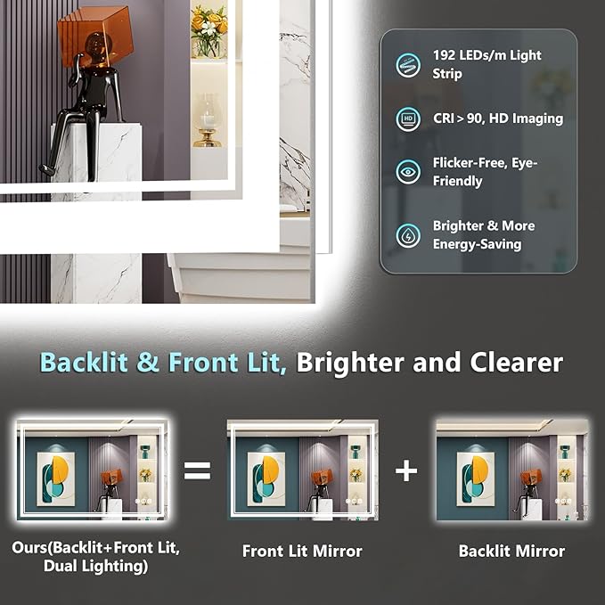 48x30 LED Bathroom Mirror with Lights, Backlit + Front Lit, Anti-Fog Lighted Vanity Mirror for Bathroom Wall with 3 Colors, Dimmable, Memory, Shatter-Proof Tempered Glass, Horizontal/Vertical