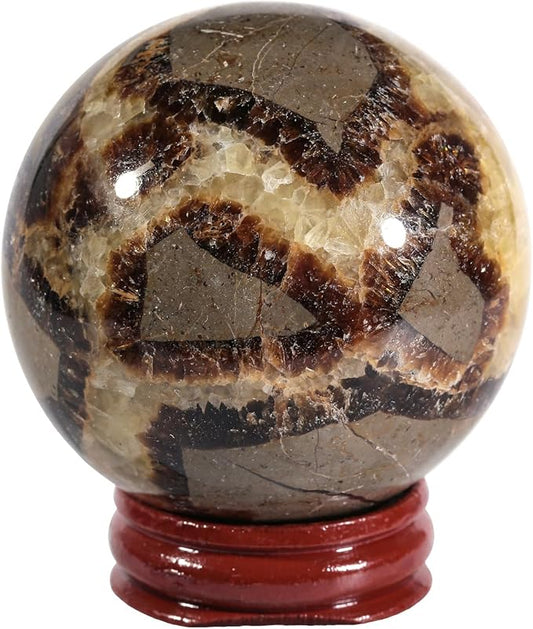 Nupuyai Natural Septarian Dragon Crystal Ball with Wooden Stand Healing Stone Sphere for Divination Fengshui Meditation Home Office Decor