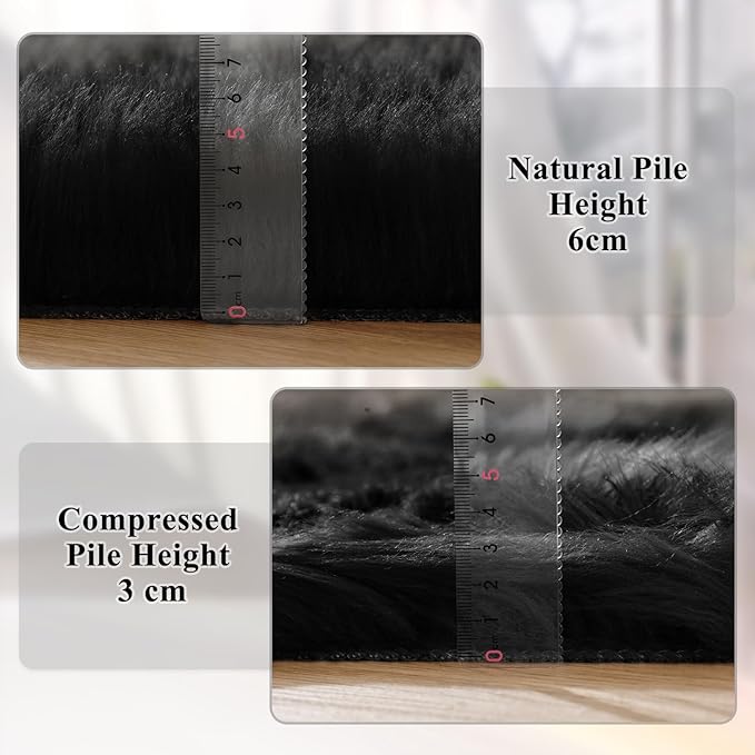 Washable 6x9 Area Rugs for Living Room Black Fuzzy Faux Sheepskin Shag Fur Rug for Bedroom Nursery Rectangle Rug Home Décor