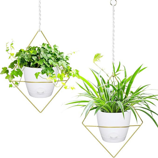 Hanging Planters for Indoor Plants, 2 Set Self Watering Hanging Flower Pots, Modern Hanging Plant Baskets with Metal Plant Holder & 6.5 Inch Plastic Pots for Garden Home Decor (Gold Frame White Pot)