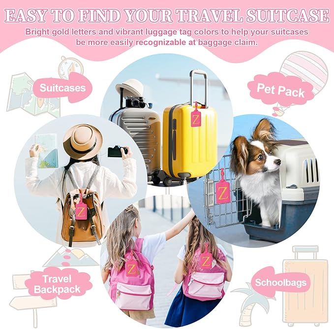 Personalized Initial Rose Red Leather Cute Luggage Tags with Privacy Cover Name Card, Embroidered Custom Monogram Travel Backpack Tag Gifts for Women Kids(Z)