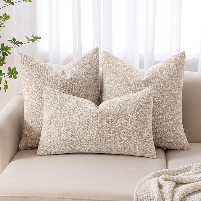 MIULEE 24x24 Decorative Euro Sham Throw Pillows for Bed Set of 2 Textured Boucle Neutral Winter Throw Pillow Covers Oatmeal Accent Solid Couch Pillowcases Sofa Livingroom Home Decor