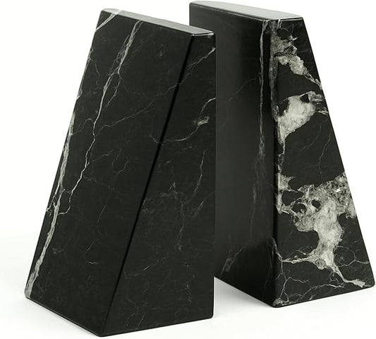 Bey-Berk Whitney Zebra Marble Bookends (Black, Set of 2), 4" x 2.5" x 6" Heavy Wedge Book Ends for Desk, Shelf, or Office