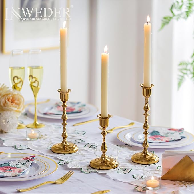Brass Candlestick Holders Vintage: Set of 15 Gold Taper Candle Holder Metal Candle Sticks Holder Antique Decoration for Dinning Table Mantel Wedding Centerpieces Christmas Party