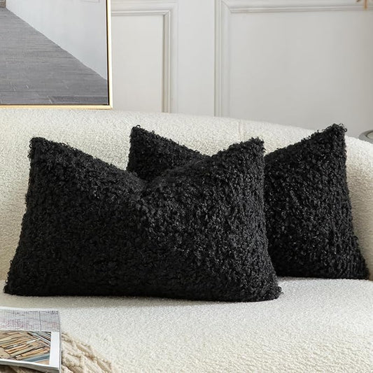 Yaertun Pack of 2 Faux Fur Throw Pillow Covers Decorative Sherpa Boucle Pillow Covers Fuzzy Soft Pillowcases Sheepskin Fleece Cushion Case for Couch Sofa Bed Living Room 12x20 Inch Black