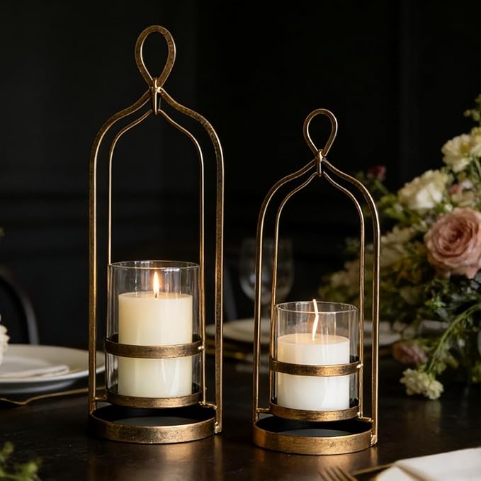 Glass Hurricane Candle Holders, Pillar Candle Holders, Metal Windproof Lantern for Industrial, Modern Farmhouse, Traditional & Vintage Home Decor, Wedding, Party, Antique Gold