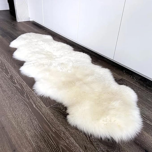 HUAHOO Premium Genuine Sheepskin Rug Real Australia Sheepskin Natural Luxury Fluffy Lambskin Fur Area Rug Seat Covers for Kids Bedroom Sofa Chair Cover Pets Dogs Mat Double Pelt/2' x 6' White/Ivory